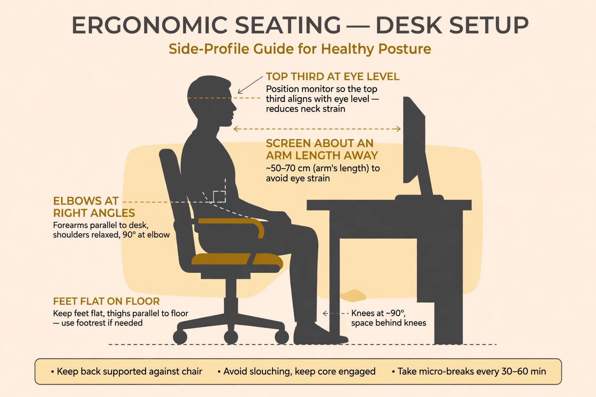 Side-profile ergonomic diagram marking top third at eye level, arm's length distance, right-angle elbows and flat feet