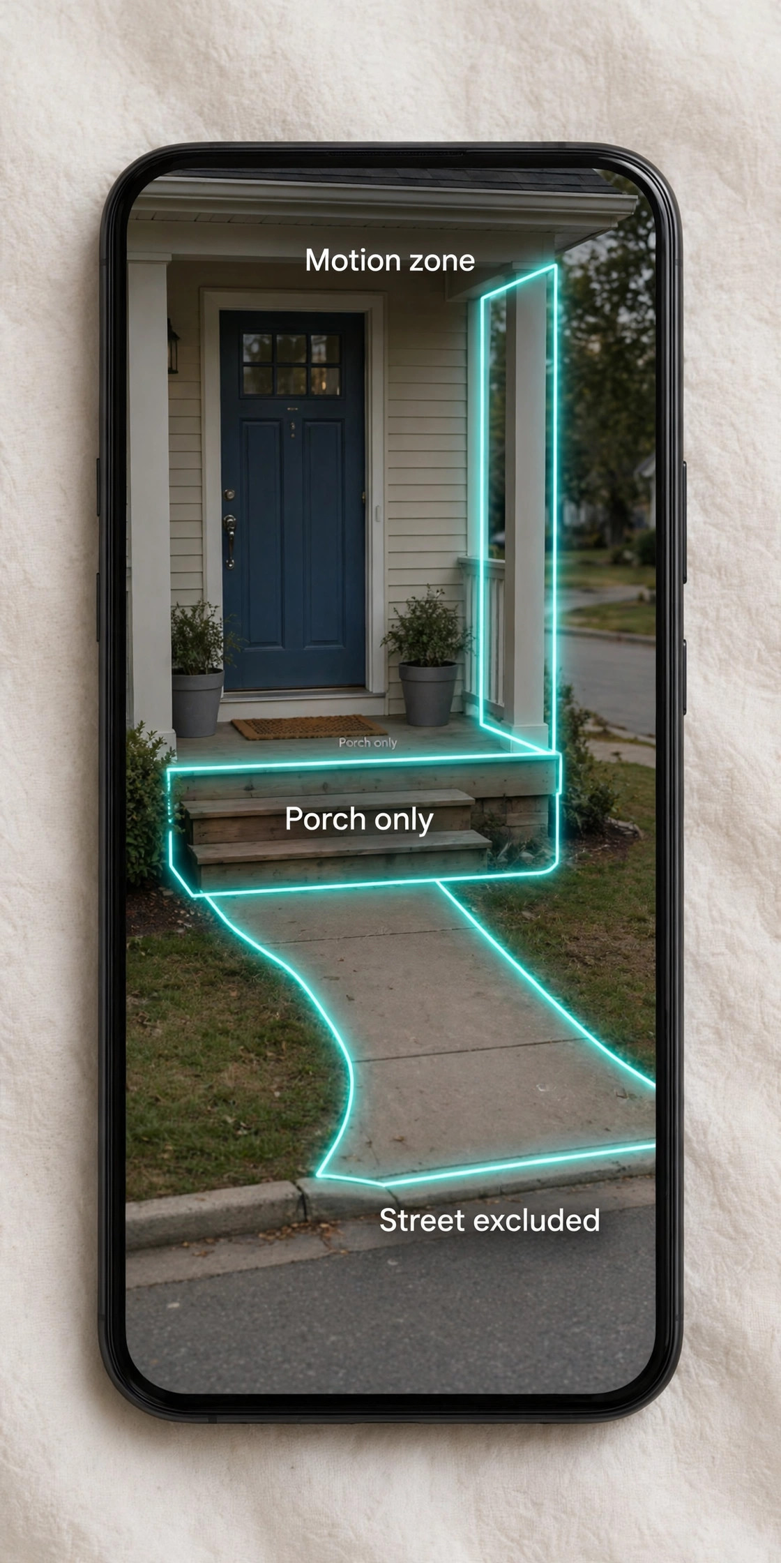 Phone screen with a motion zone drawn over a porch and path only