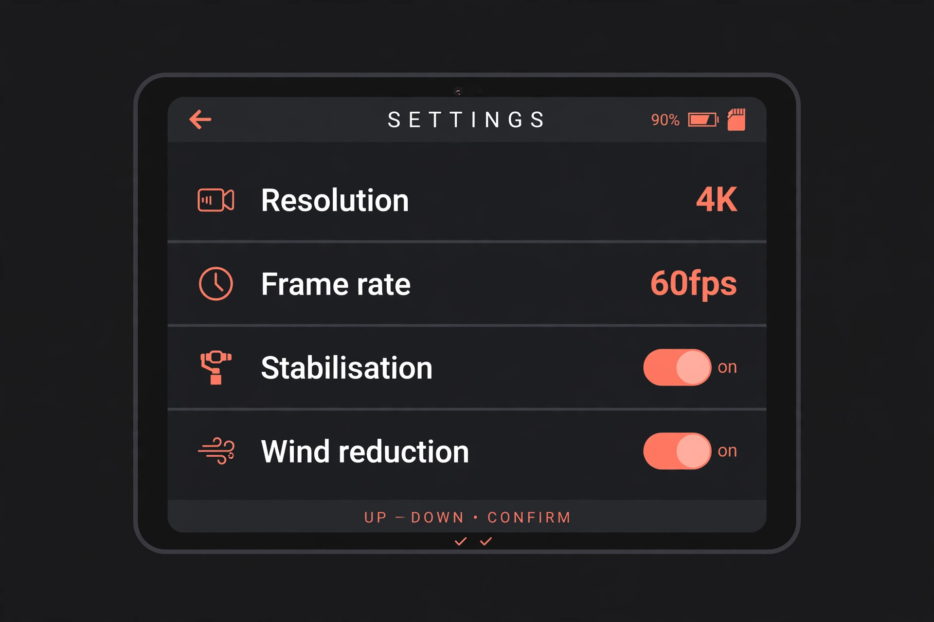 Camera settings screen with resolution, frame rate and stabilisation toggles
