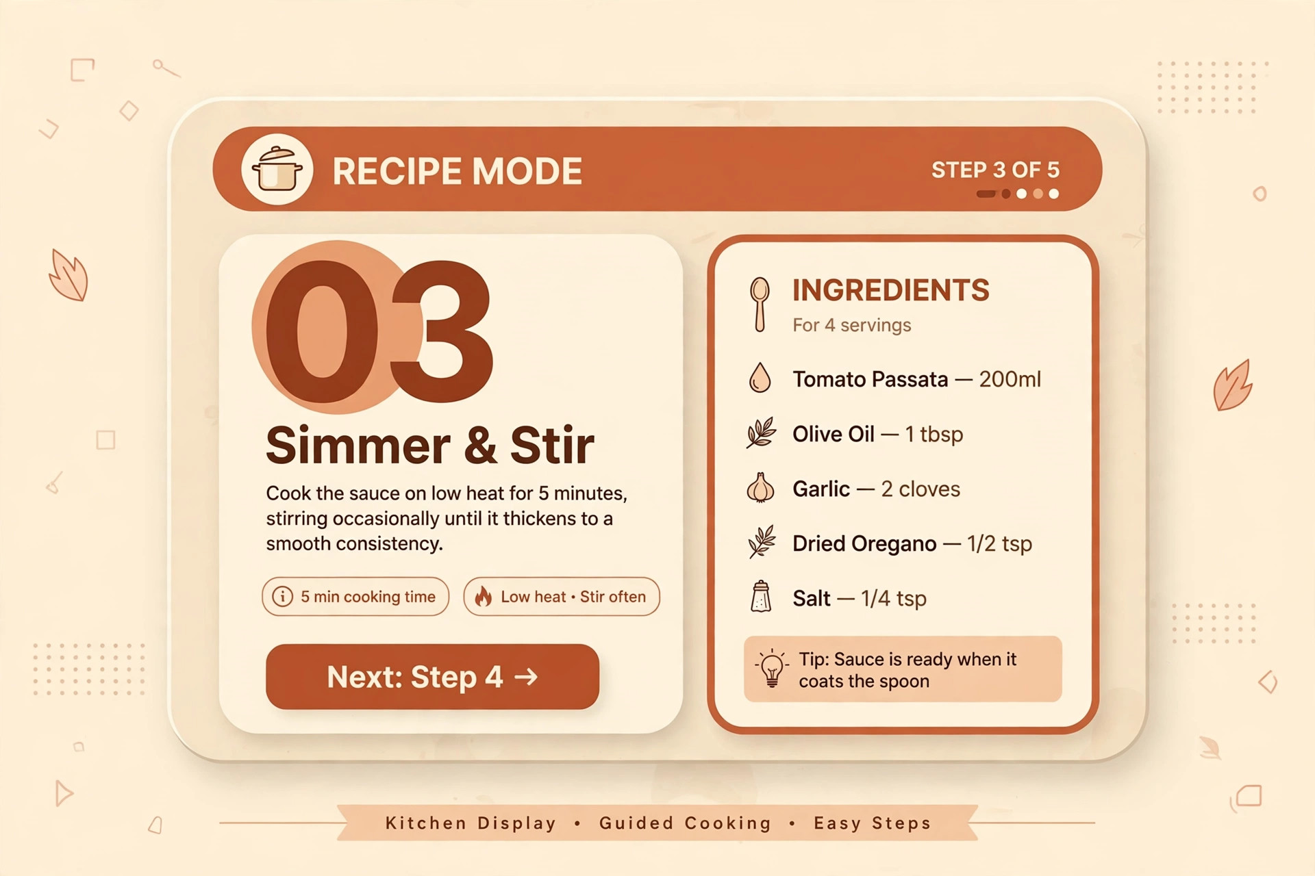 Smart display recipe screen showing step 3 of 5 with ingredients and a next step button