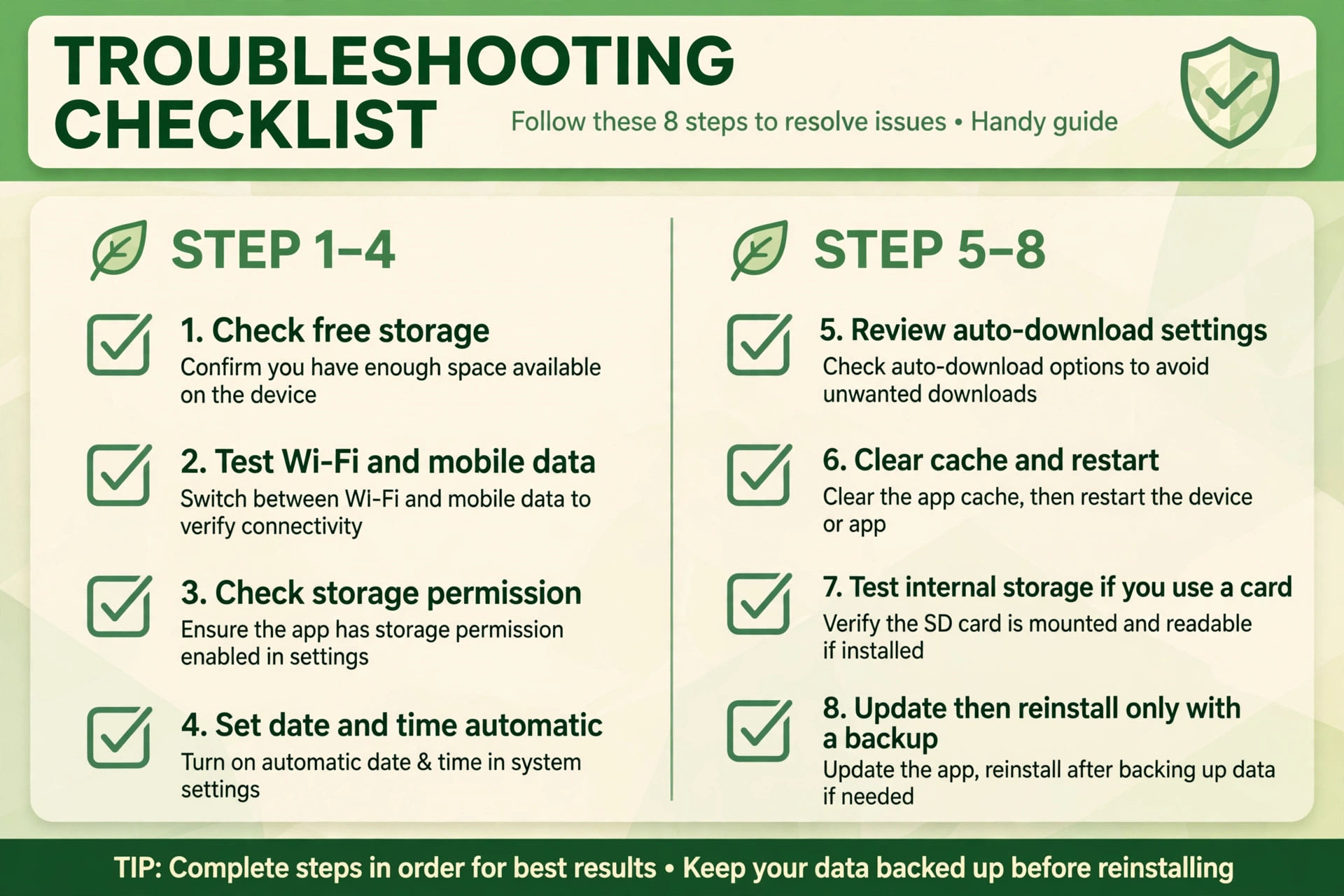 Two-column checklist of the eight WhatsApp download fixes in order