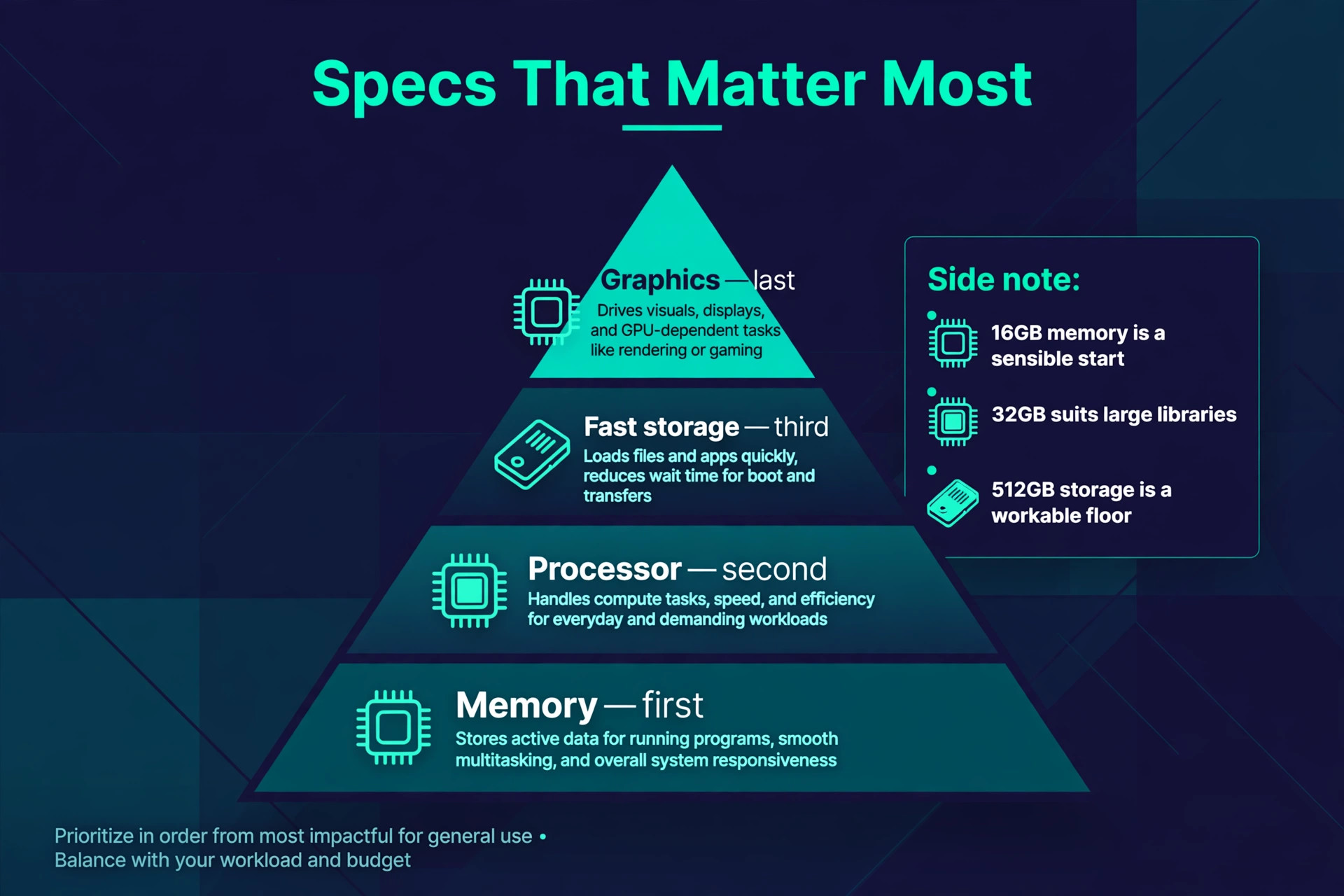 Specs that matter most pyramid with memory first, processor second and fast storage third