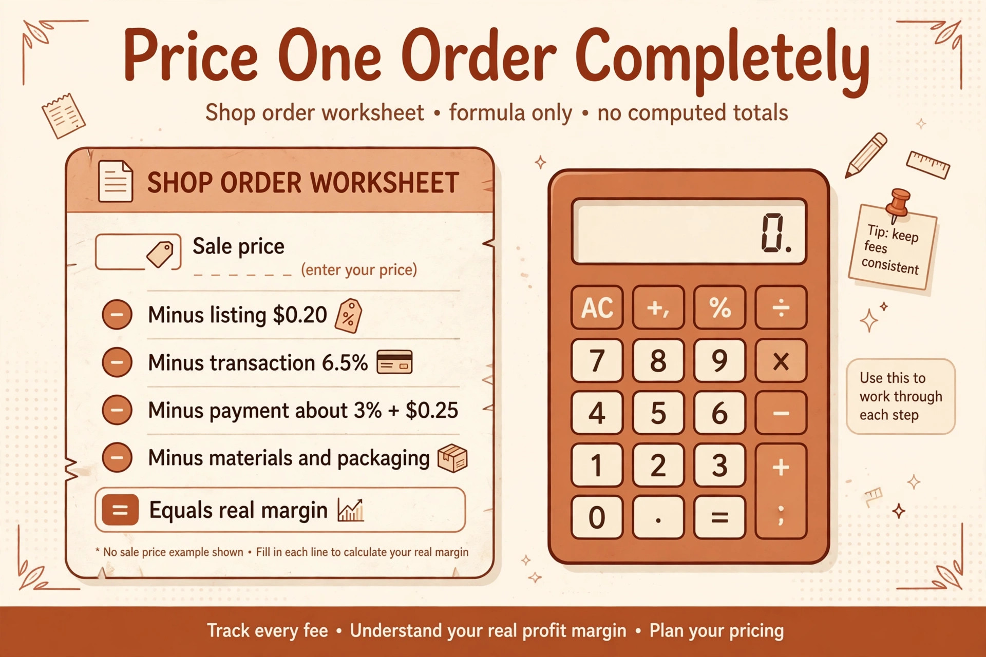Price one Etsy order completely, sale price minus listing, transaction, payment, materials and packaging equals real margin