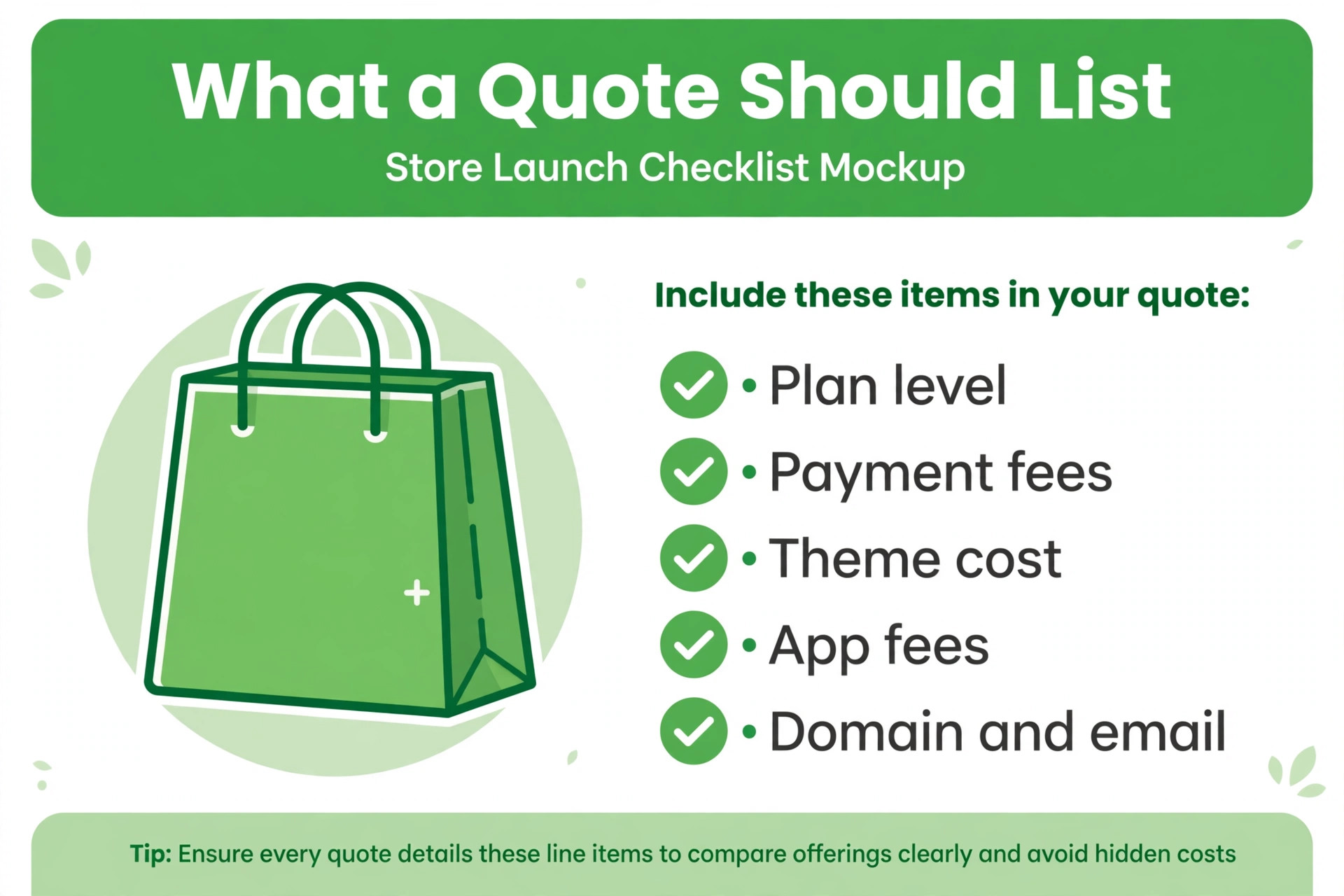 What a Shopify store quote should list, plan level, payment fees, theme cost, app fees, domain and email
