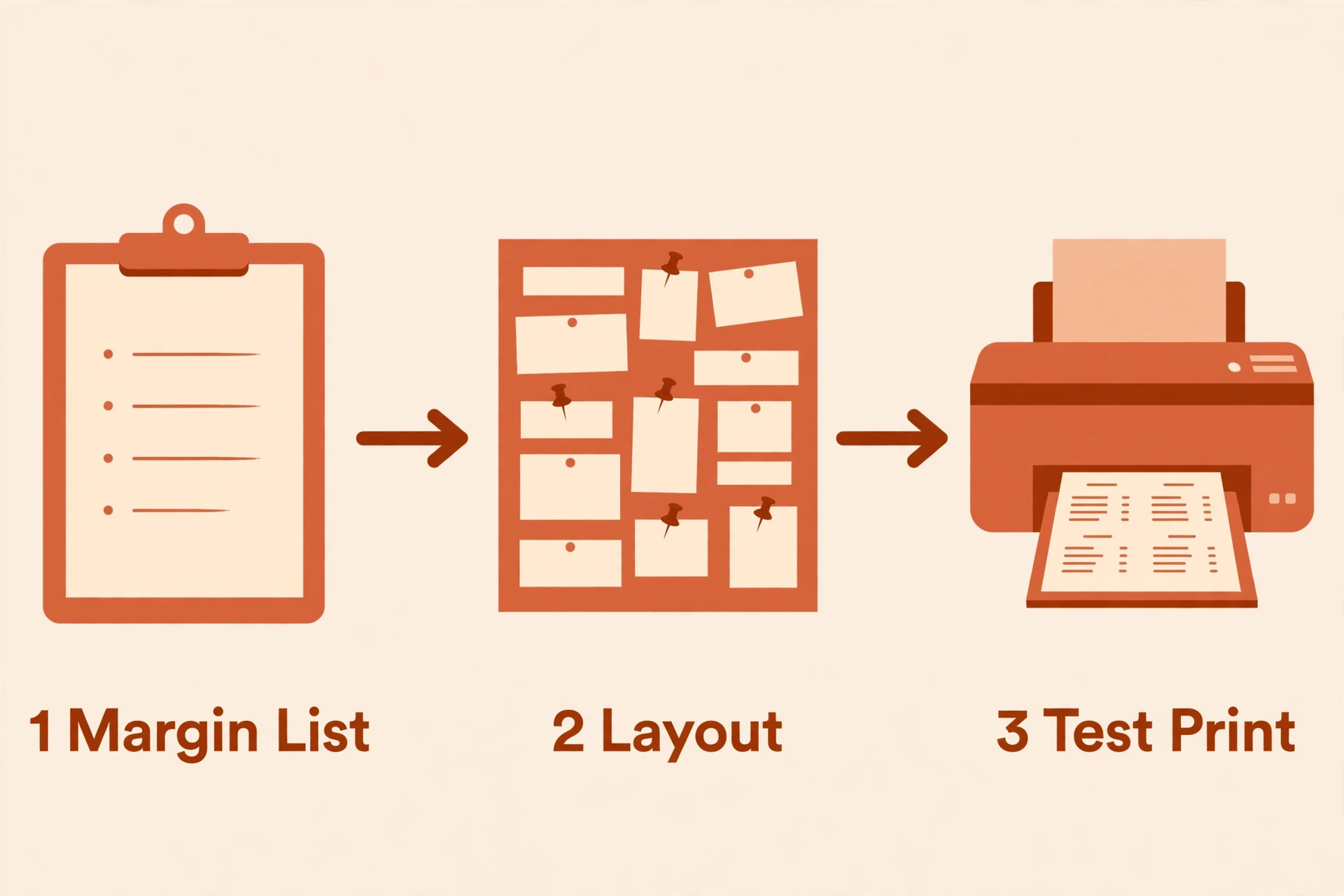 Three-step menu design workflow from margin list to layout to test print
