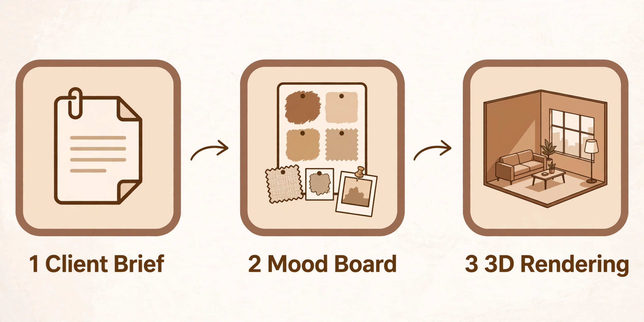 Three-step presentation workflow from client brief to mood board to 3D rendering