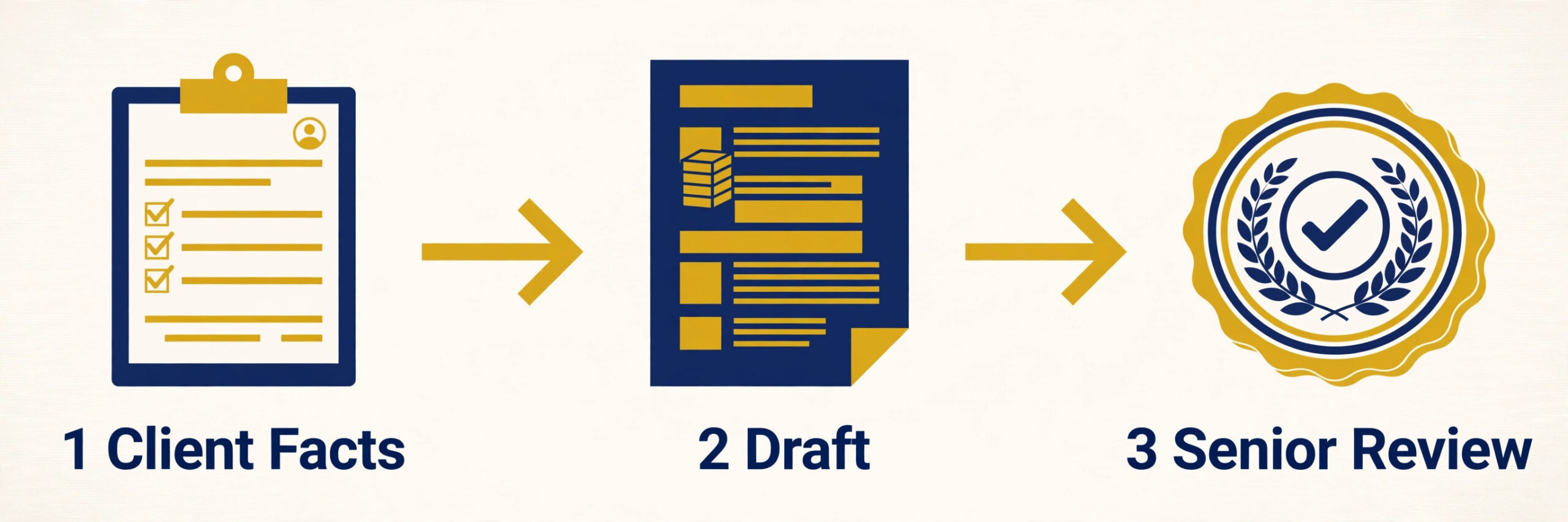 Three-step drafting workflow from client facts to draft to senior review