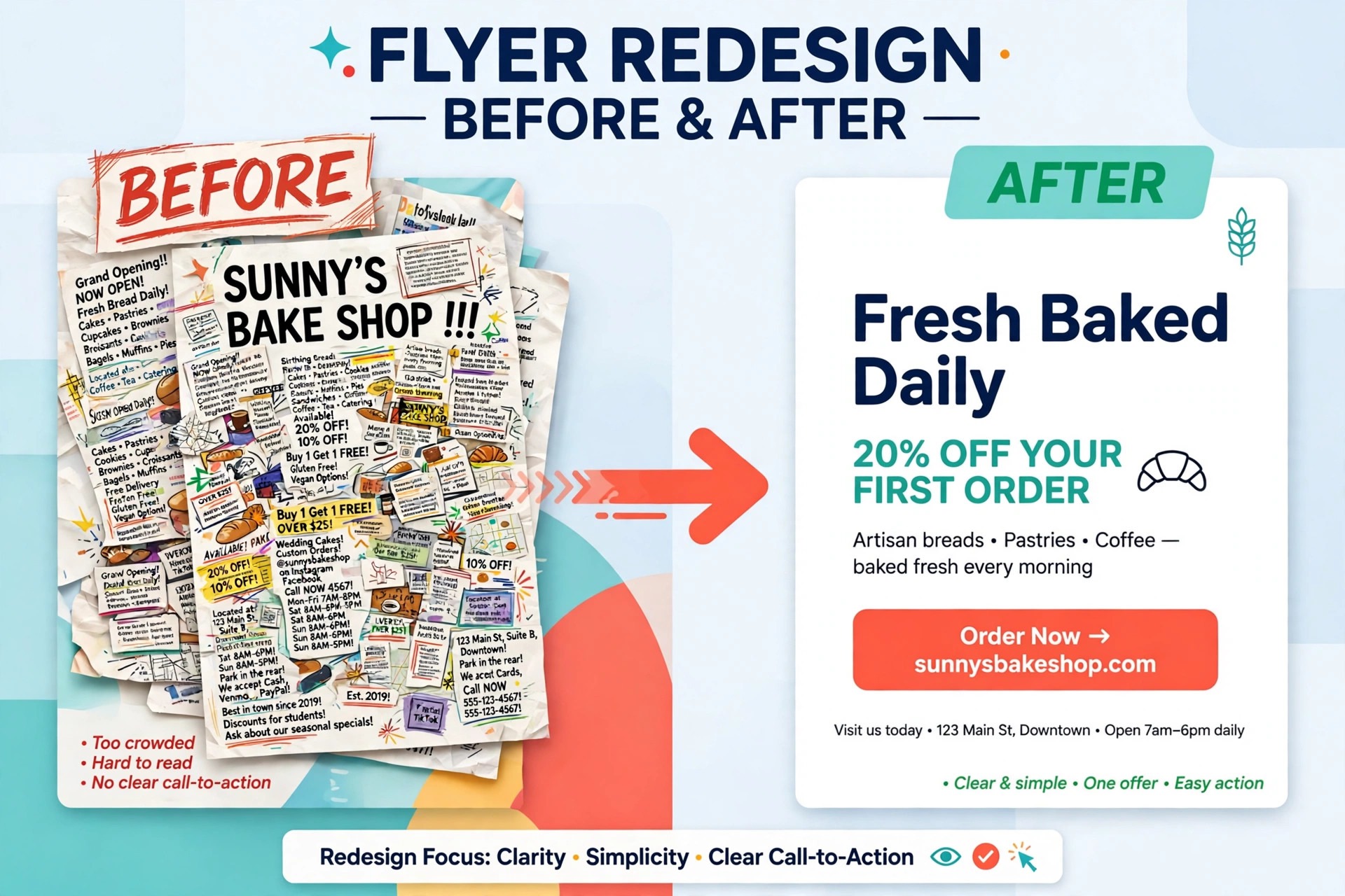 Before and after redesign of a small business flyer