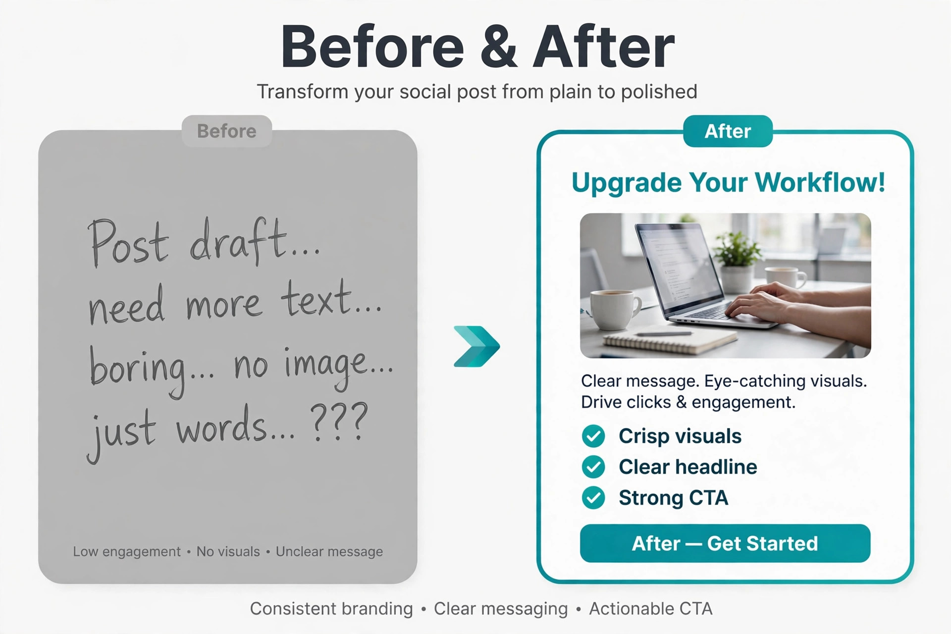 Before and after social post with brand styling applied