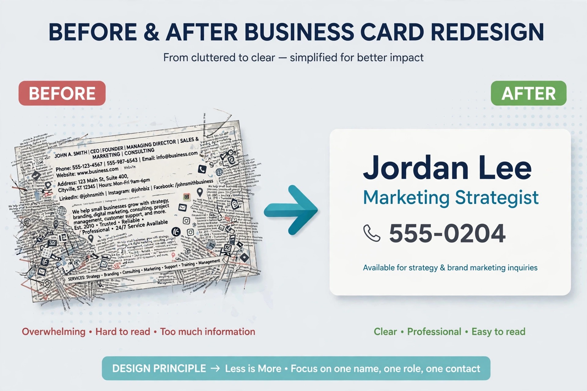 Before and after redesign of a crowded business card