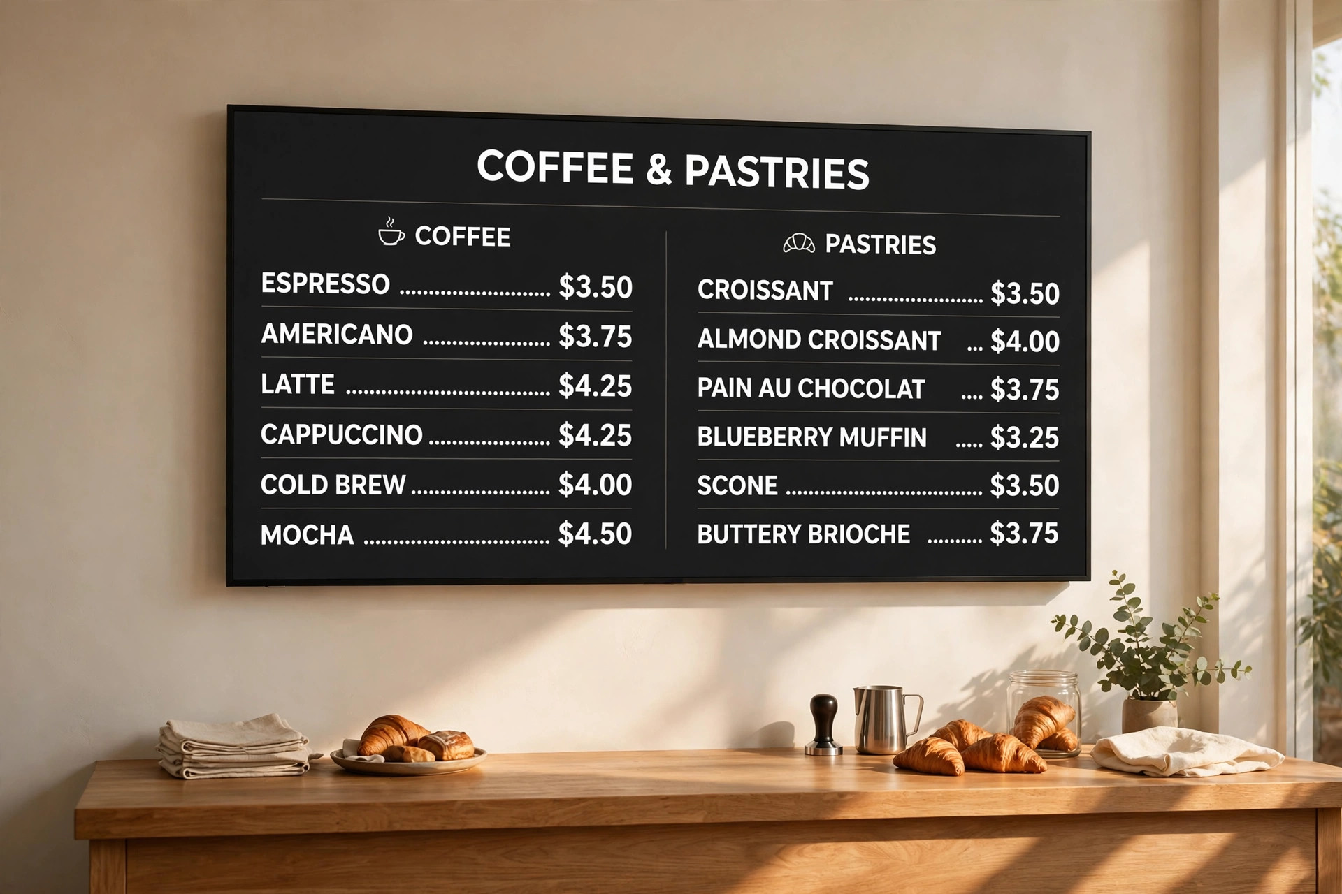Cafe menu board mockup on a wall screen
