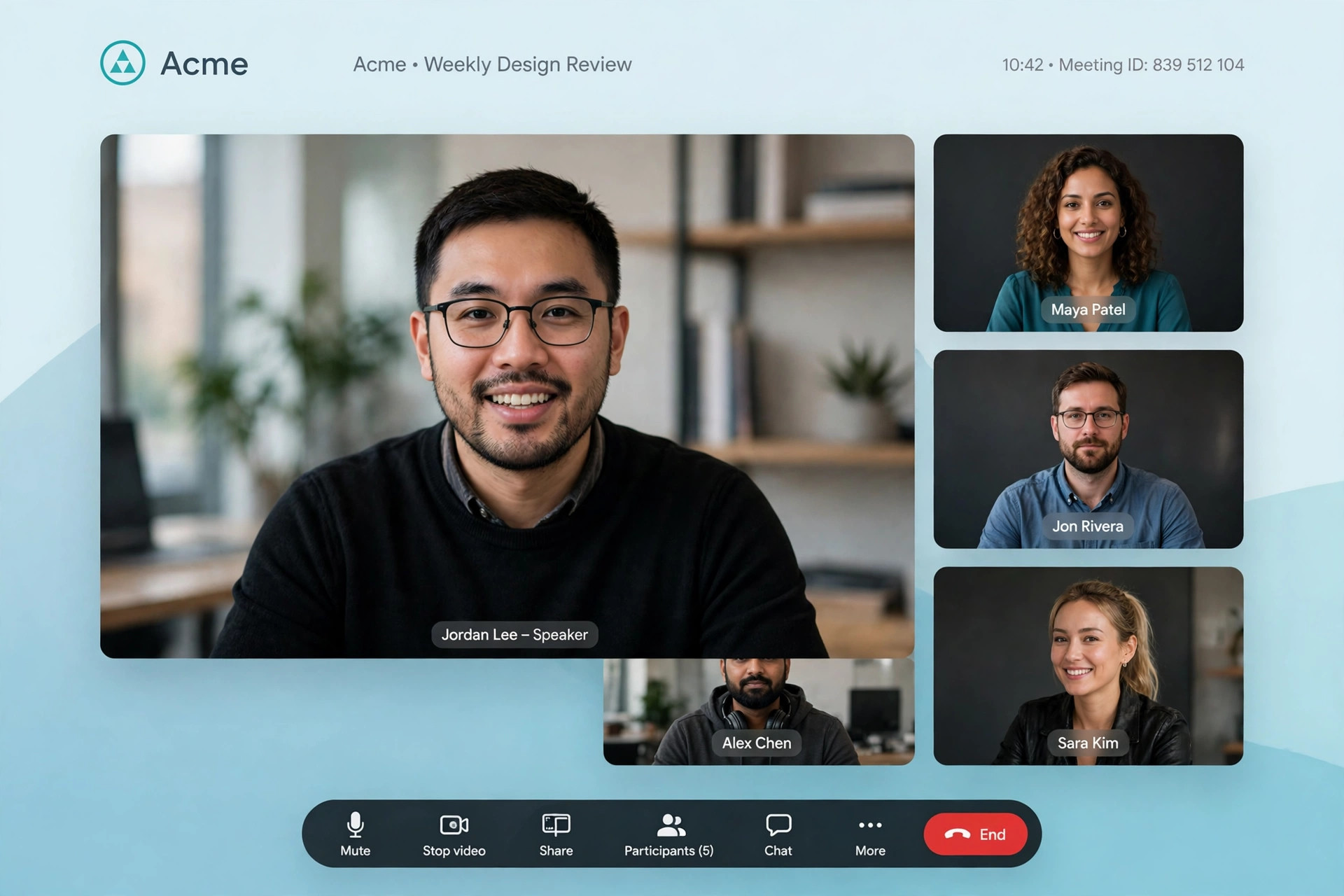 Screenshot style Zoom call with branded background