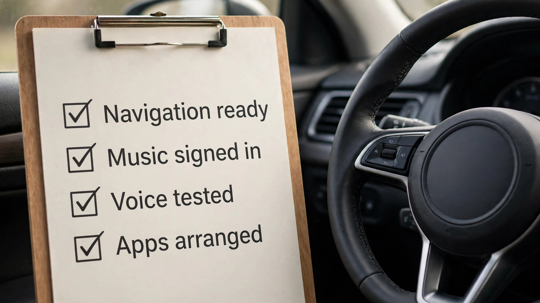 First drive checklist for navigation, music and voice settings in a car