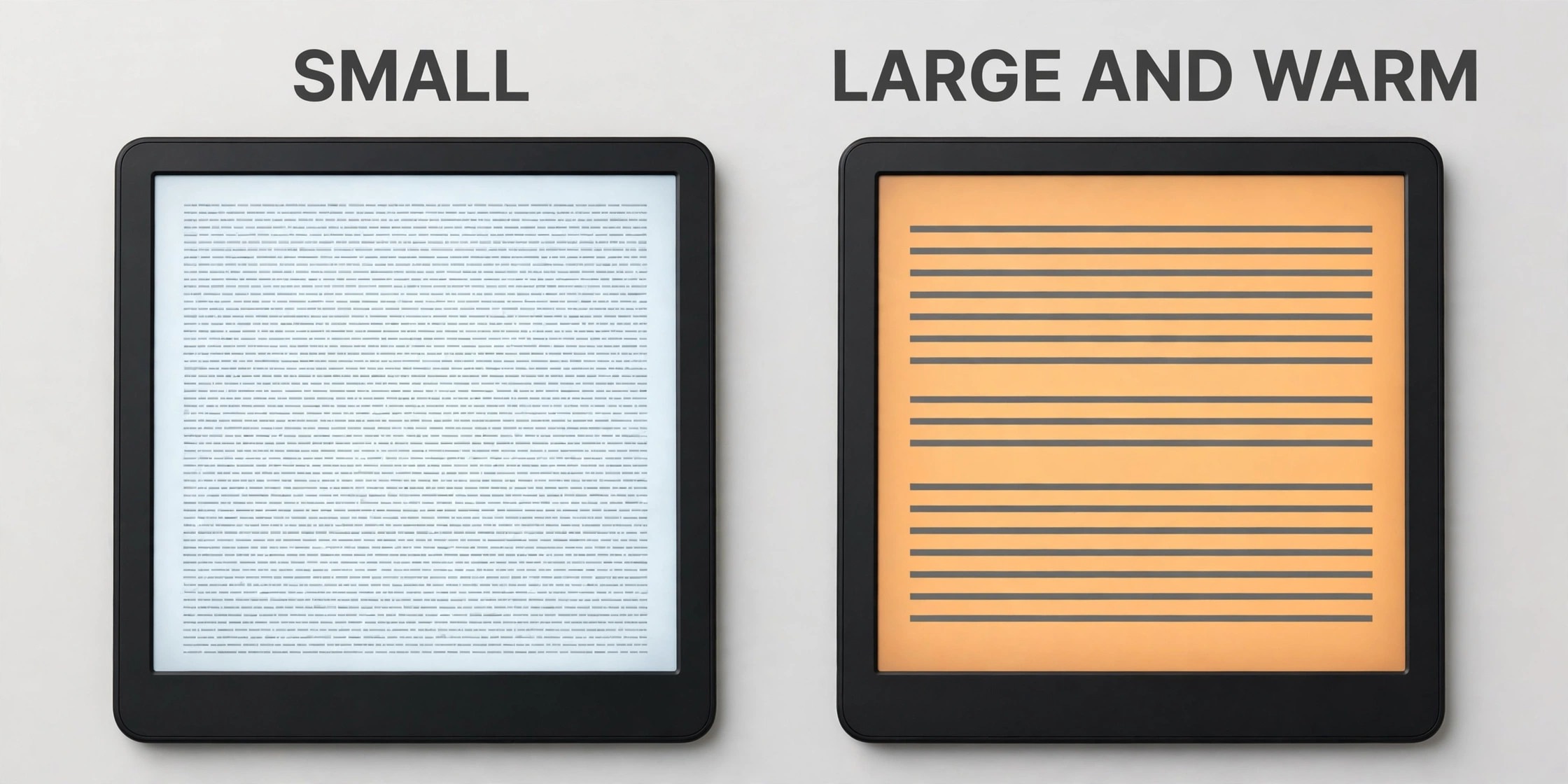 Comparison of the same book page at different font sizes and warmth levels