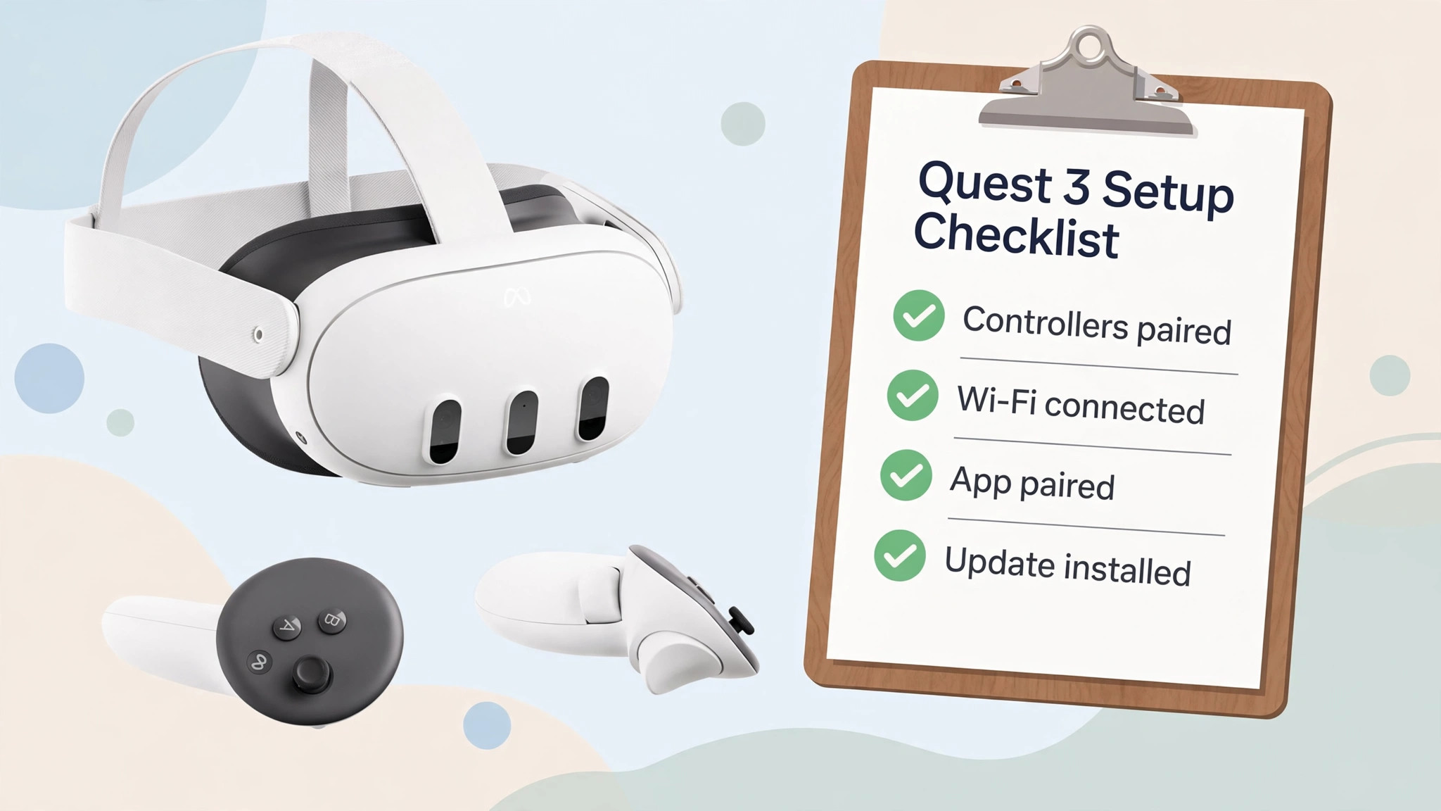 Setup checklist for a new Quest 3 with pairing, Wi-Fi and update steps ticked off