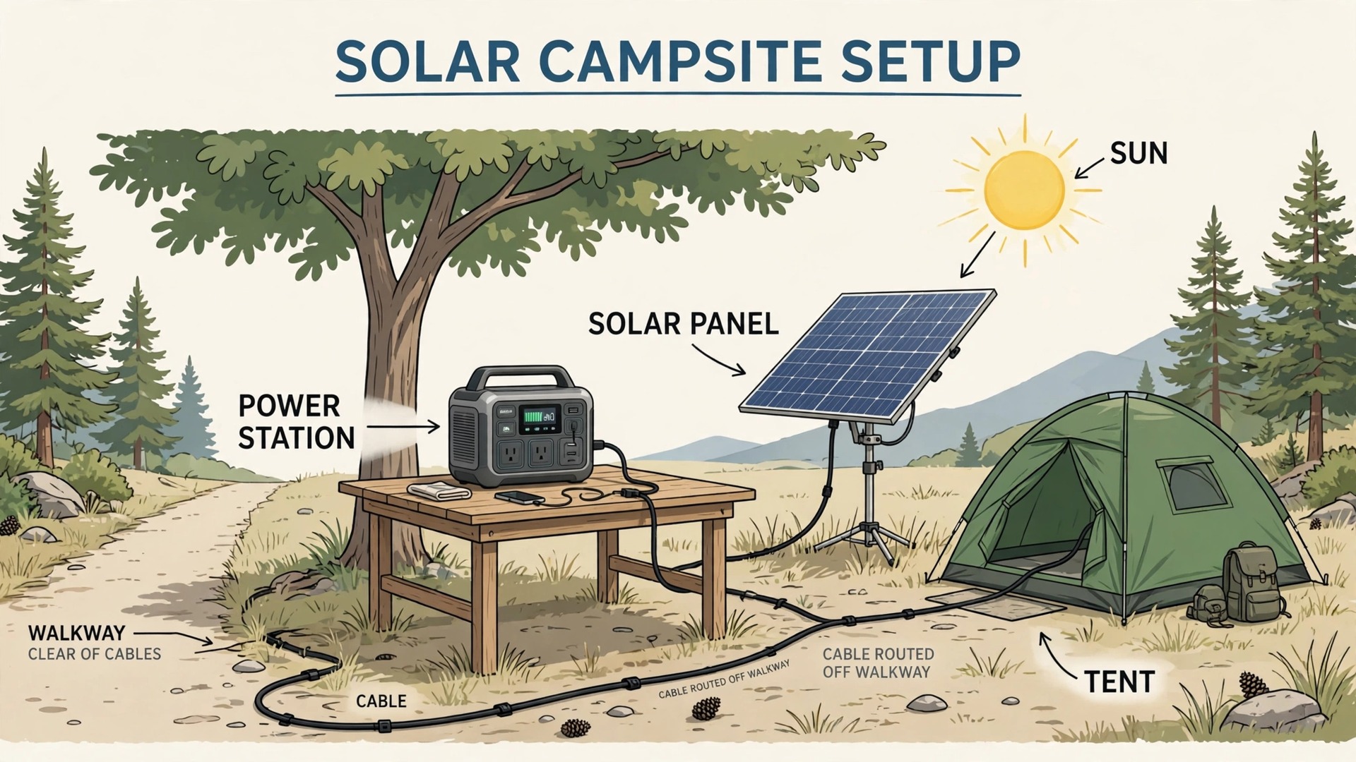 Diagram of solar panel angle, station placement and cable routes at a campsite