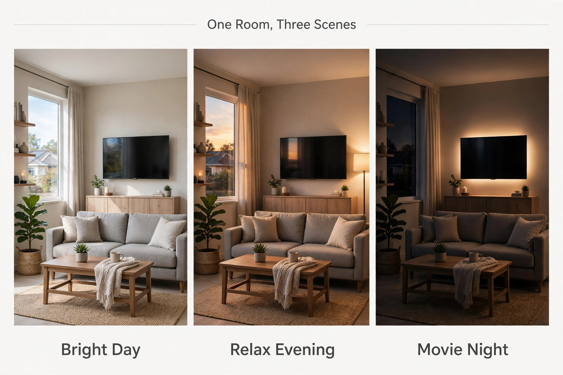 Comparison of the same living room under bright day, relax evening and movie night scenes