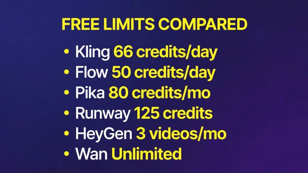 Free AI video generator limits compared, credits watermarks and resolution for 2026