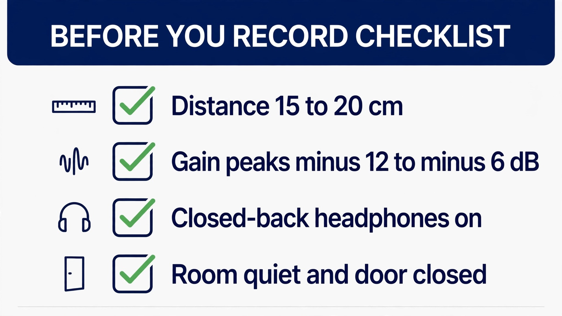 Pre recording checklist for gain, distance, headphones and room quiet