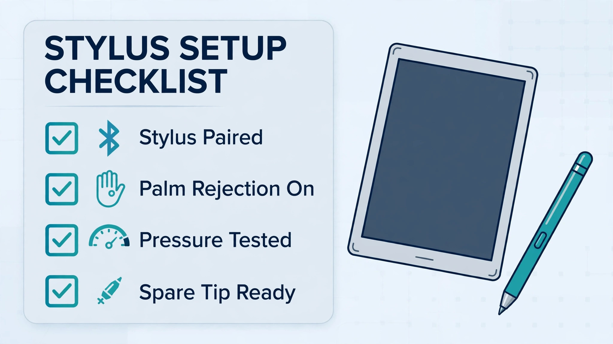Stylus settings checklist for pairing, palm rejection and pressure testing