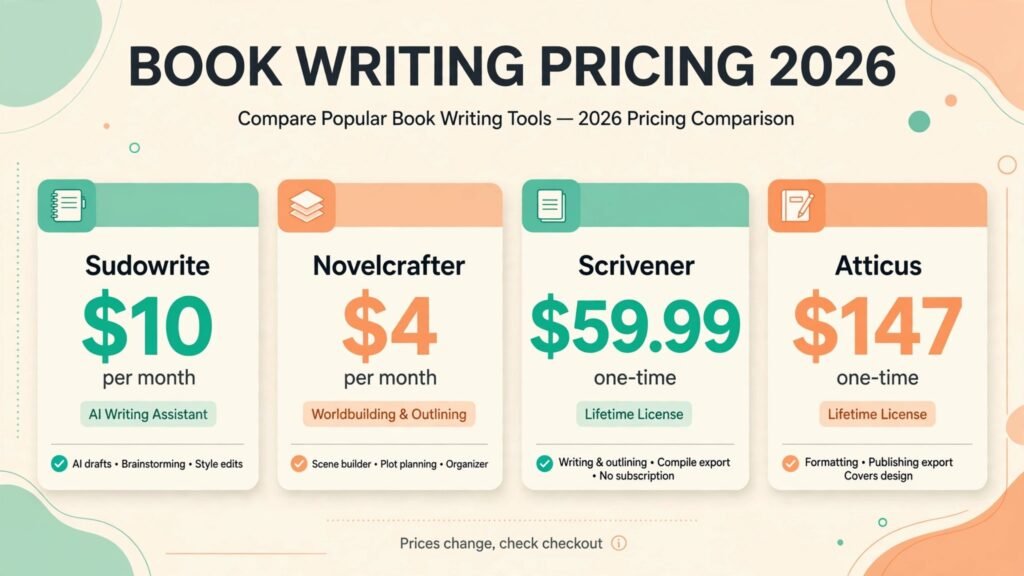 Book writing software pricing compared, free options and paid prices for 2026