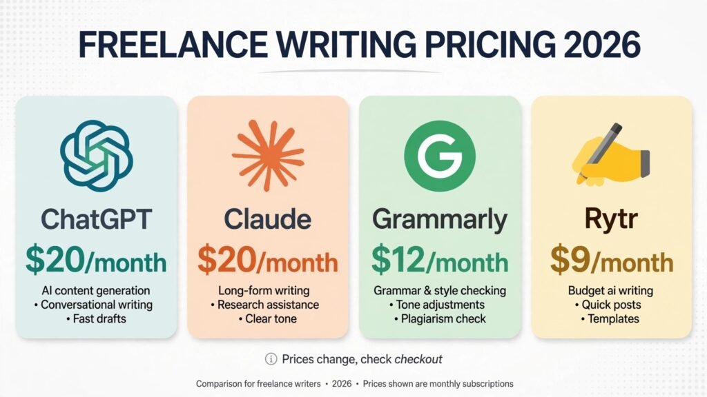 Freelance writing tools pricing compared, free plans and paid prices for 2026