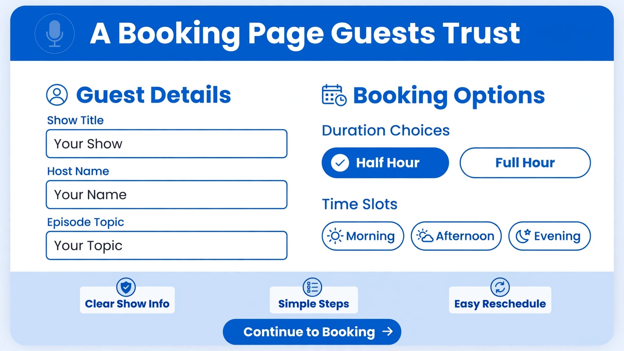 Mockup of a podcast guest booking page