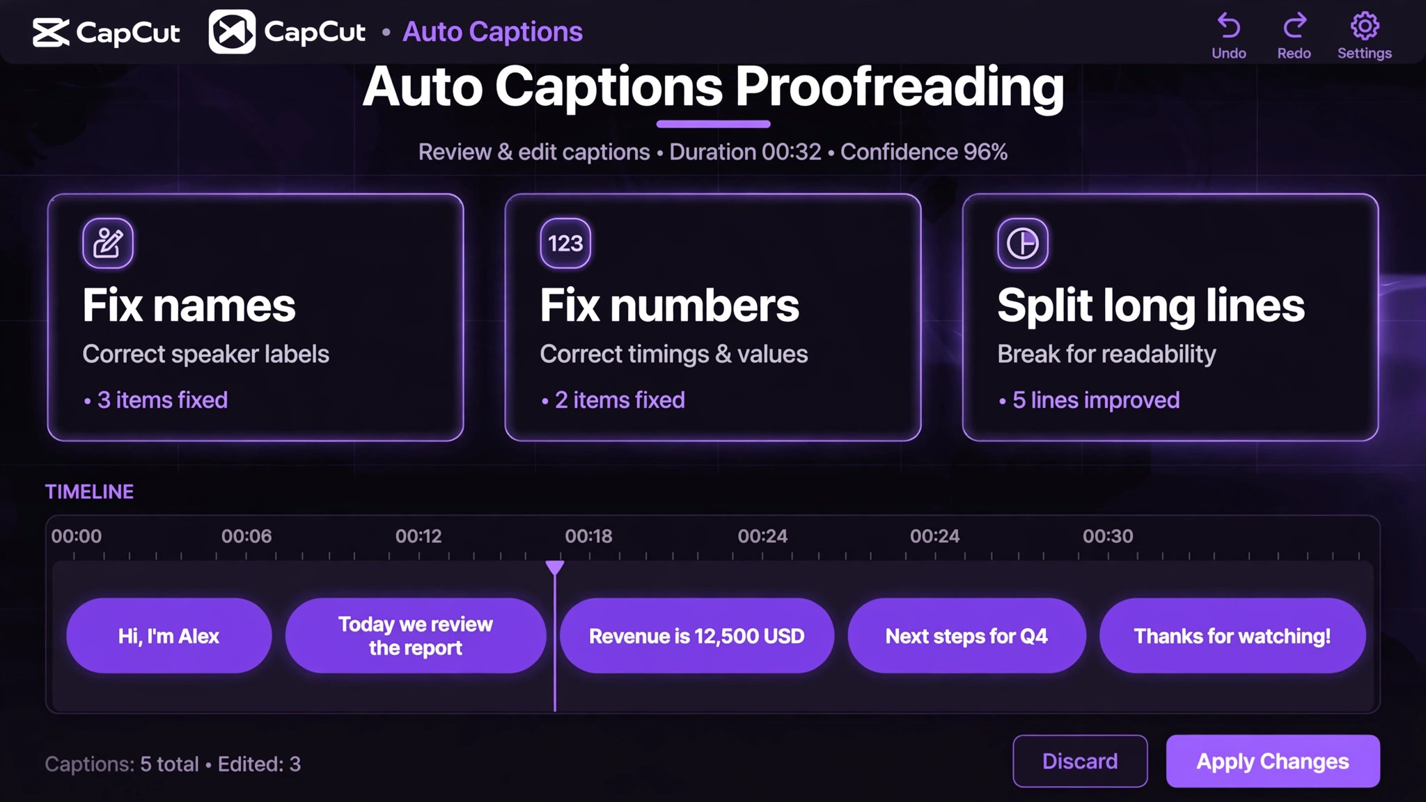 CapCut auto captions screenshot with edits