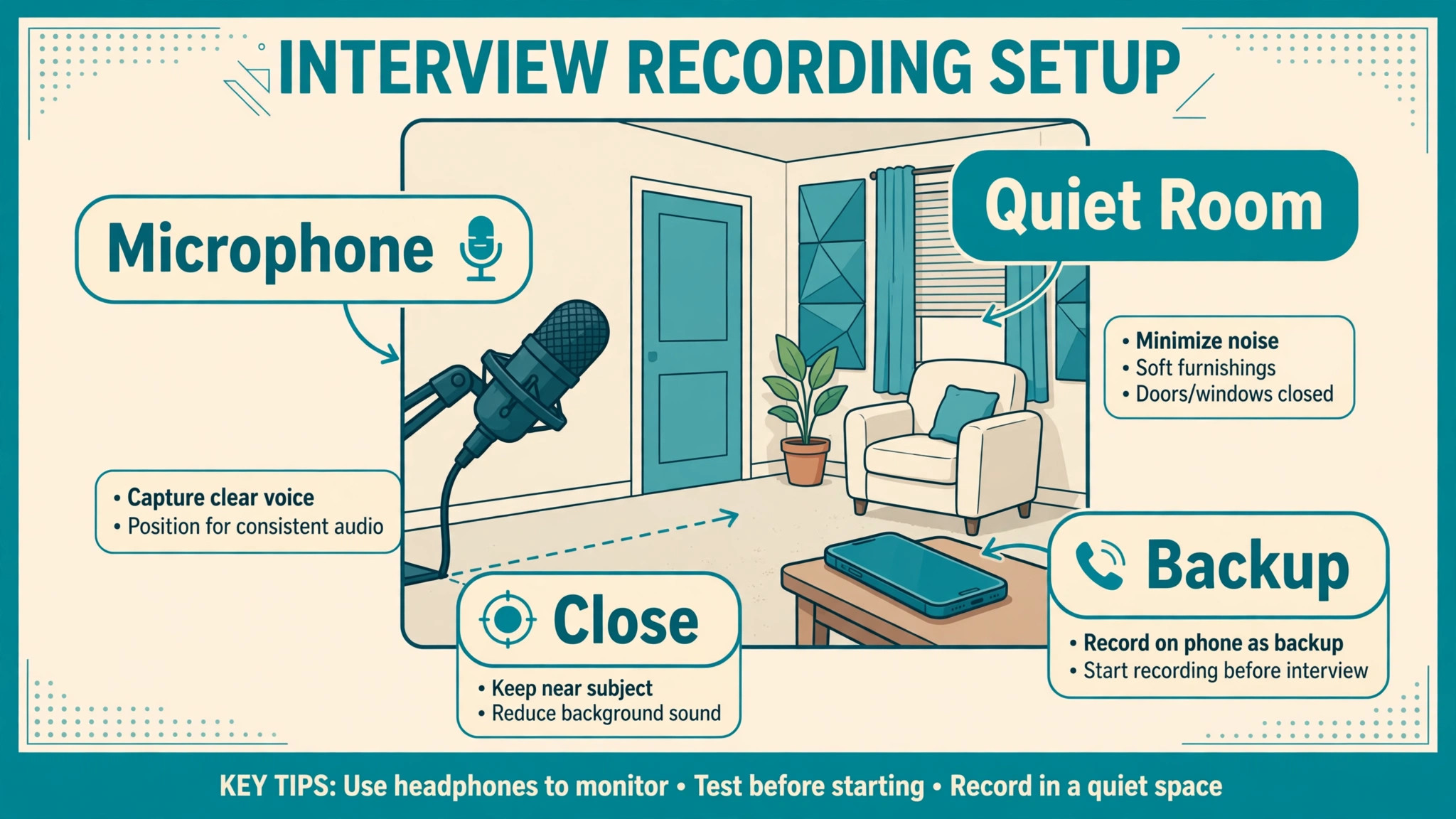 Annotated interview recording setup for clear audio