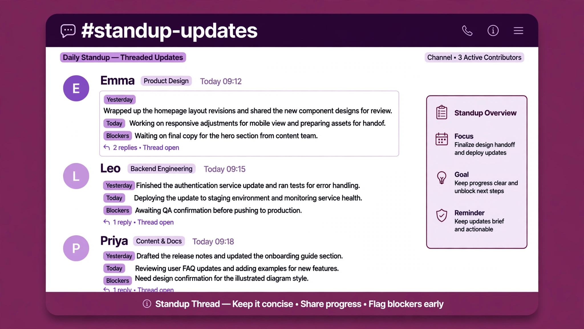 Mockup of a Slack standup channel with threaded updates