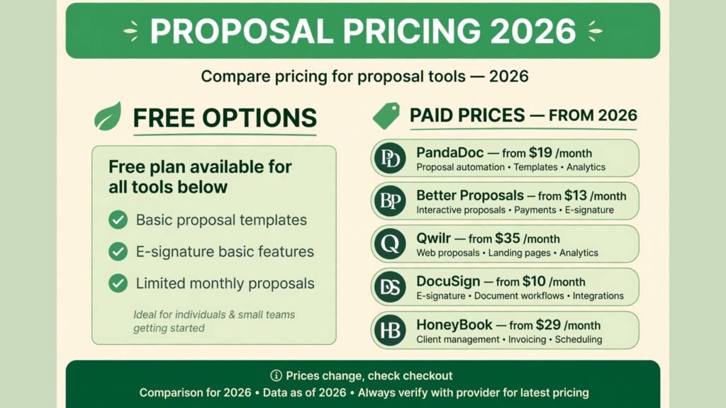 Proposal software pricing compared, free plans and paid prices for 2026