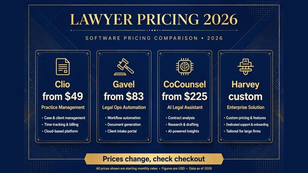 Lawyer tools pricing compared, free trials and paid prices for 2026