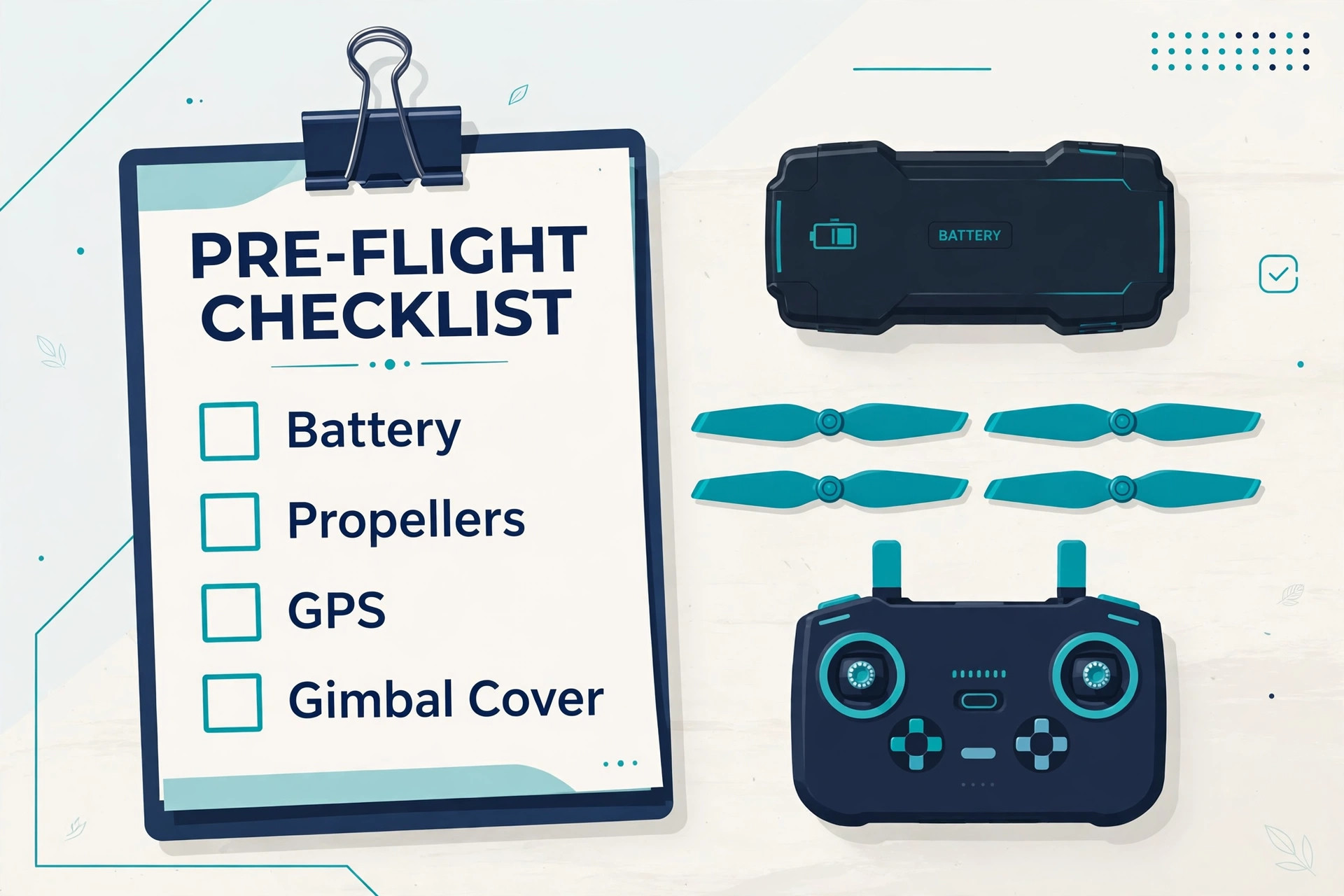 Pre-flight checklist for drone battery propellers and GPS
