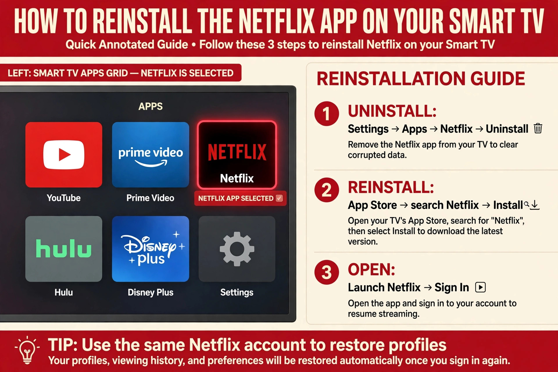 Annotated Netflix app reinstall steps on a smart TV