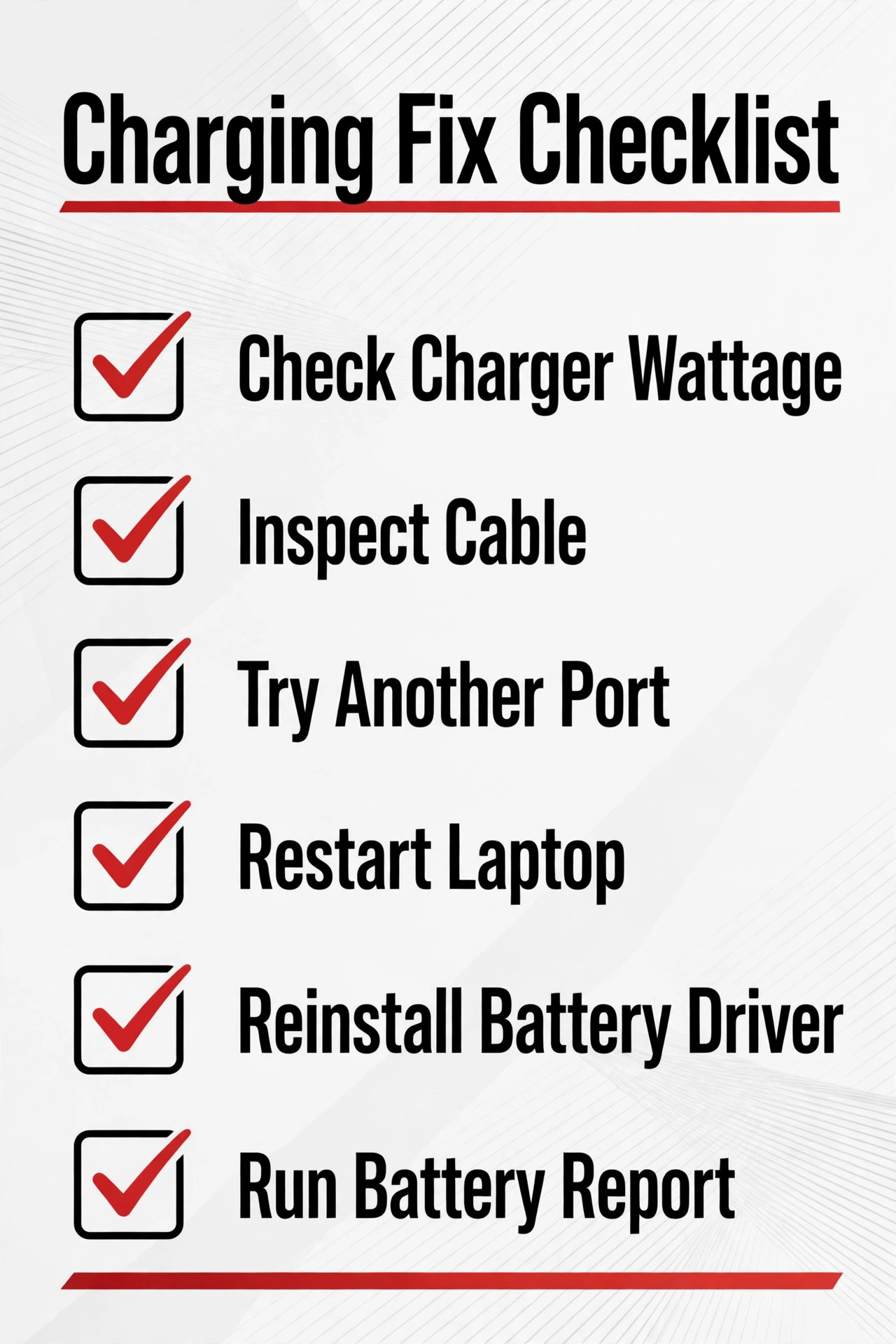 Checklist of laptop charging fixes in order