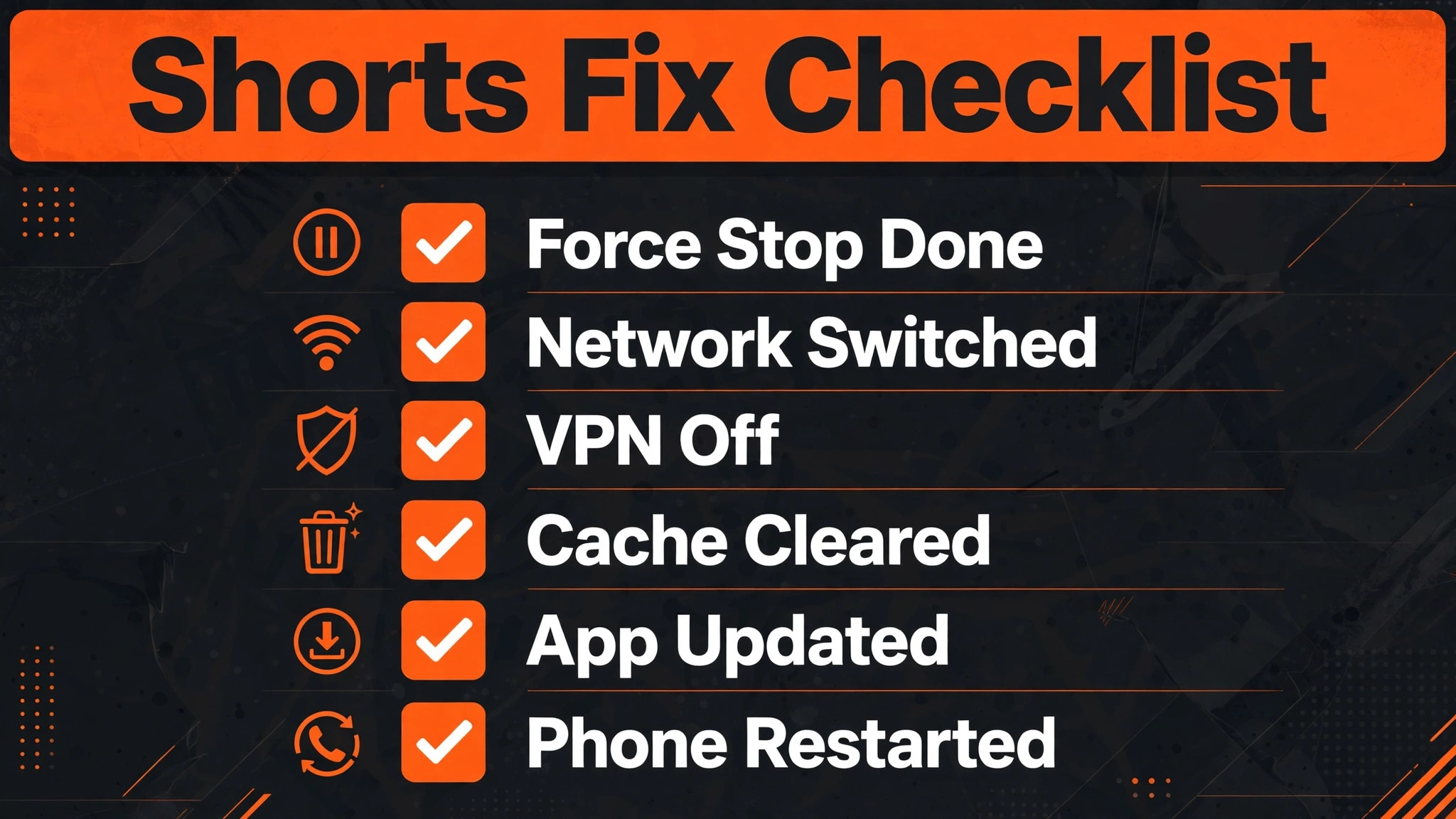 Checklist of Shorts fixes in order