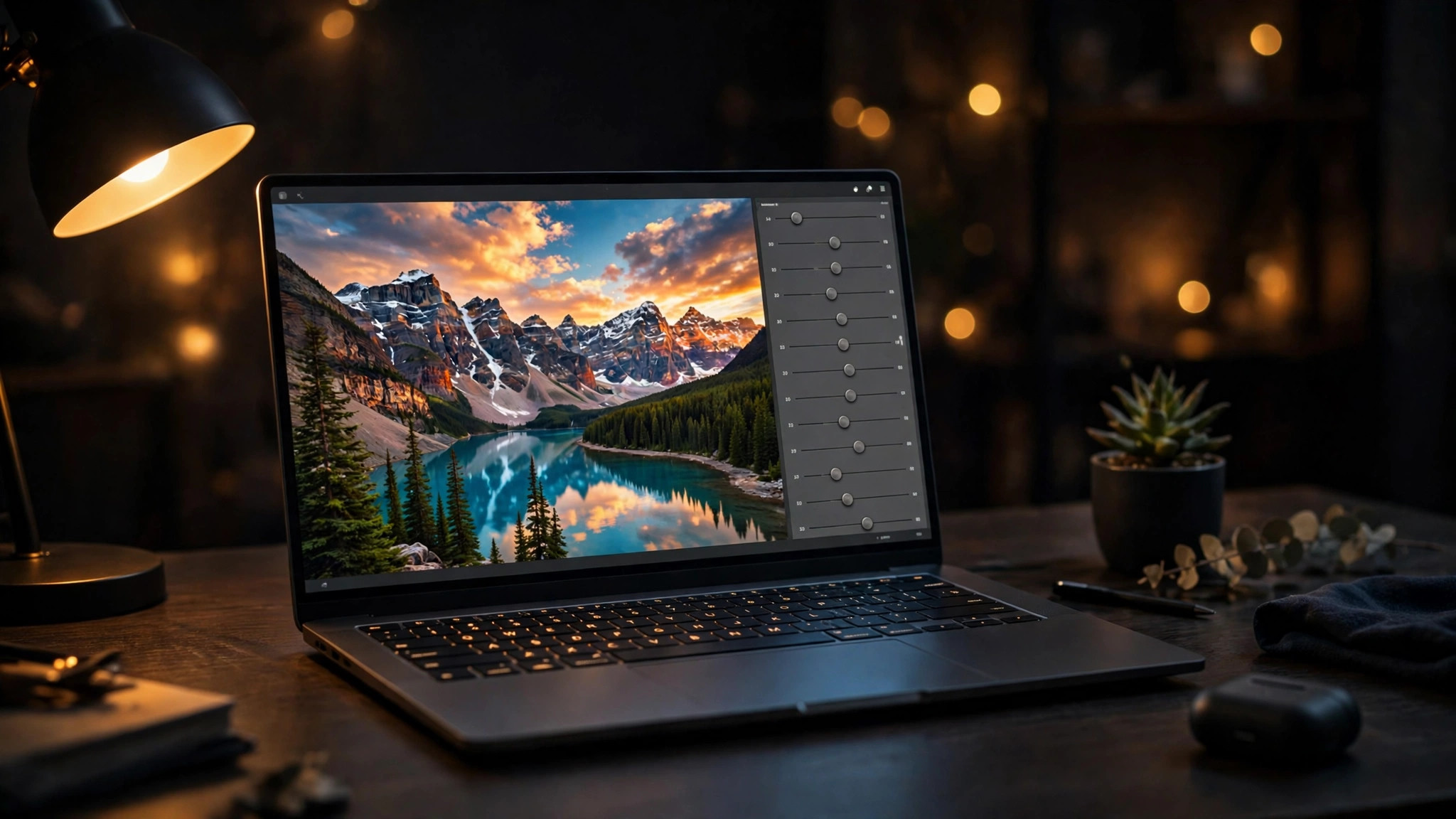 Laptop mockup showing photo editing on an OLED screen