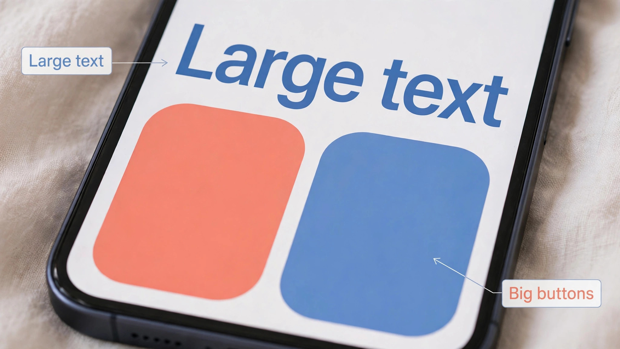 Annotated senior phone screen with large text and buttons