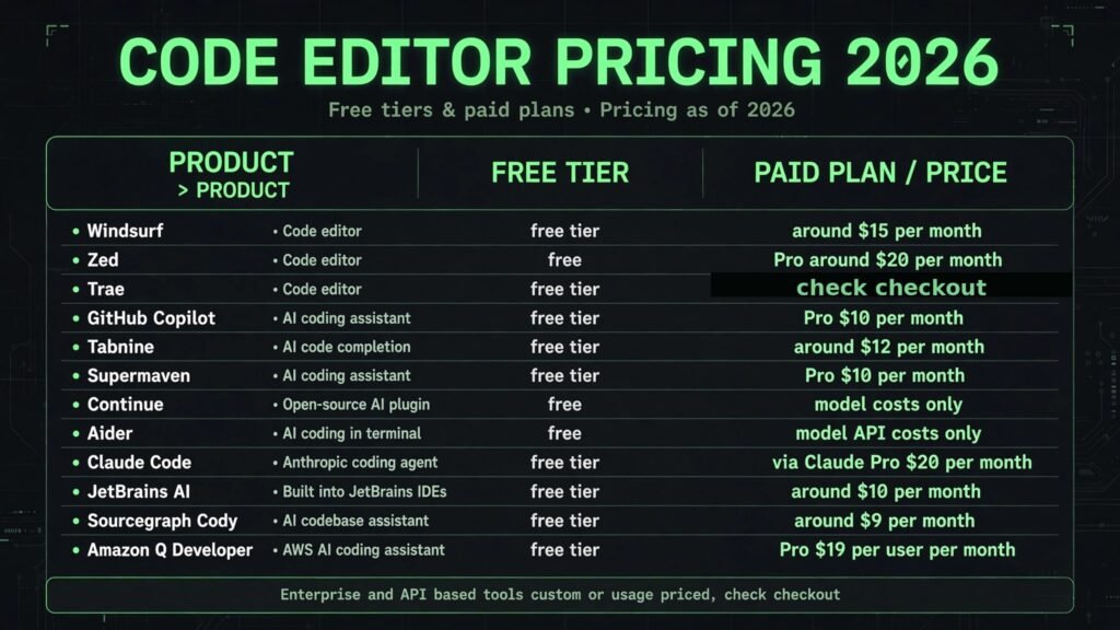 Cursor alternatives pricing compared, free tiers and paid prices for 2026