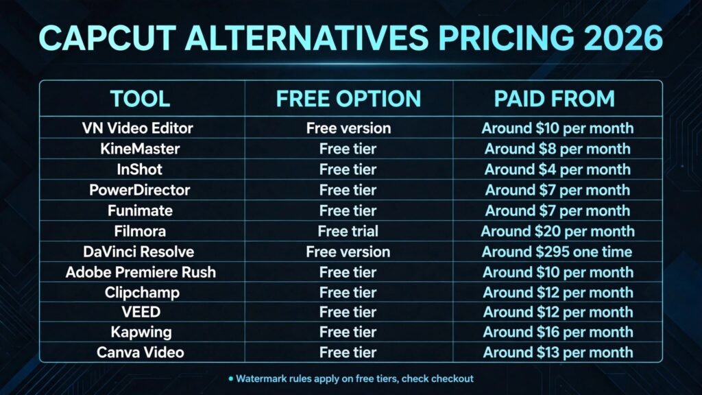 CapCut alternatives pricing compared, free tiers and paid prices for 2026