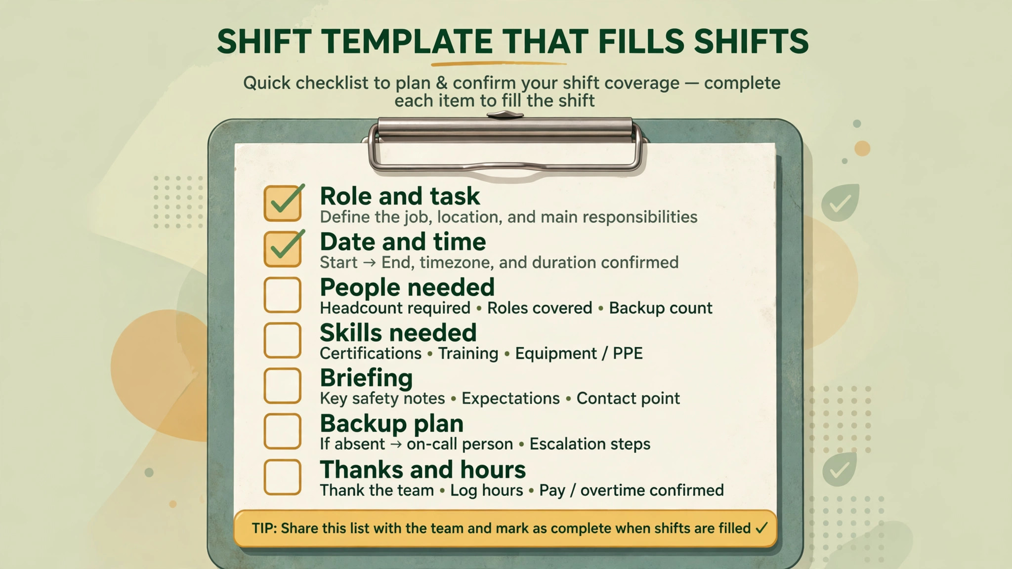 checklist visual for a volunteer shift scheduling template.