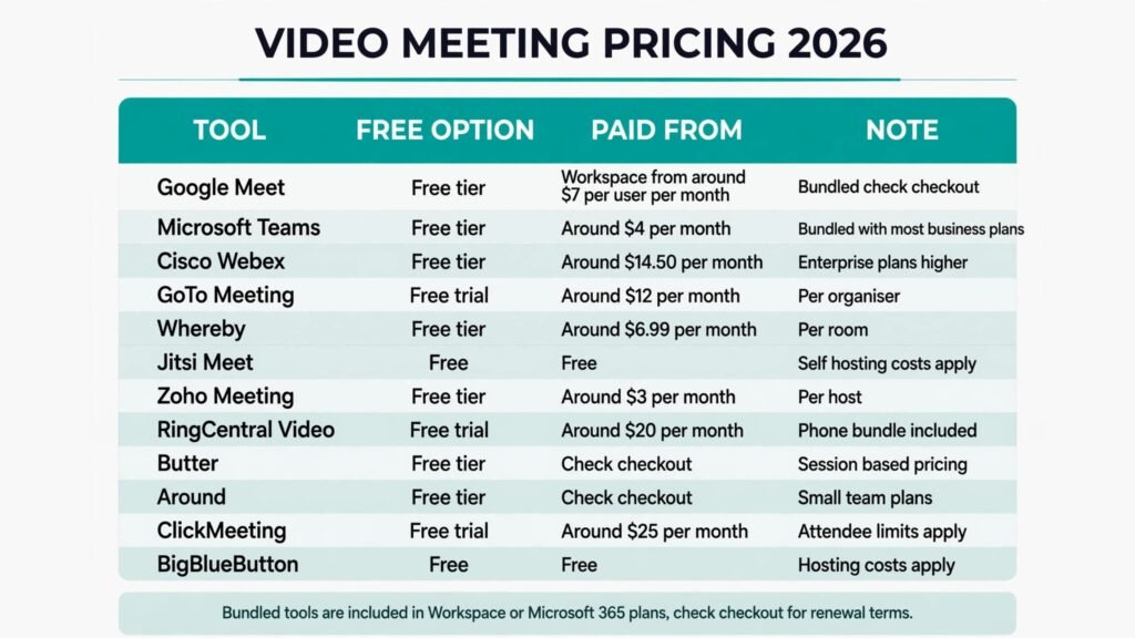 Zoom alternatives pricing compared, free tiers and paid prices for 2026