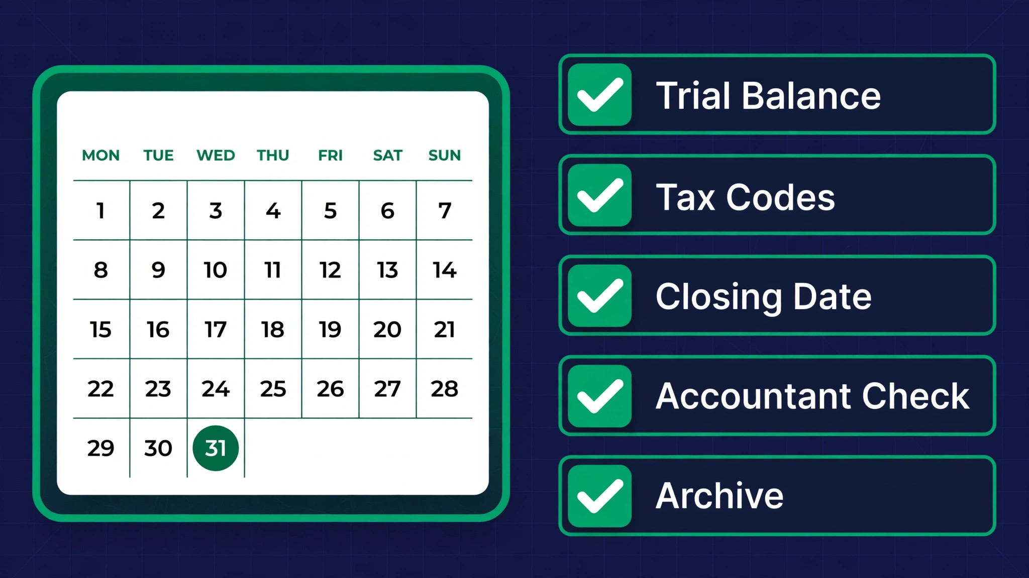 checklist visual for year end and tax migration steps.