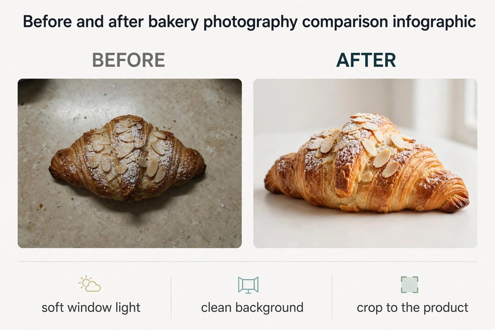 Before and after bakery product photo with window light improvement
