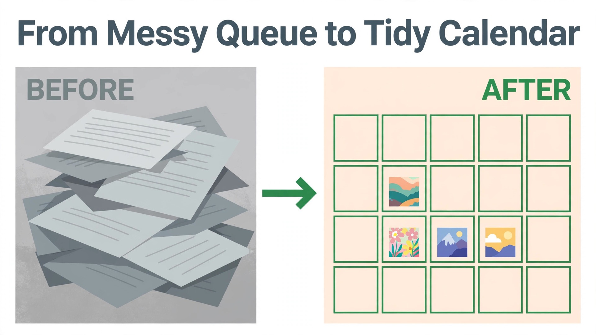 Before and after view of a messy posting queue and a tidy visual calendar