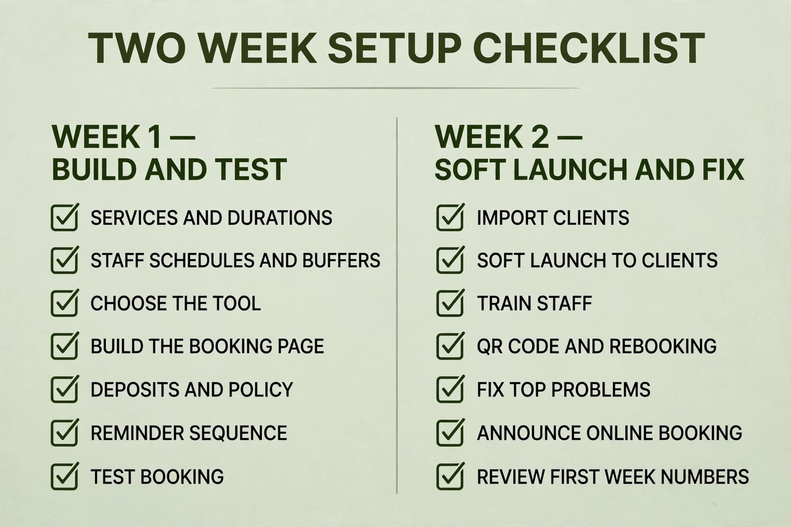 Two week salon booking setup checklist