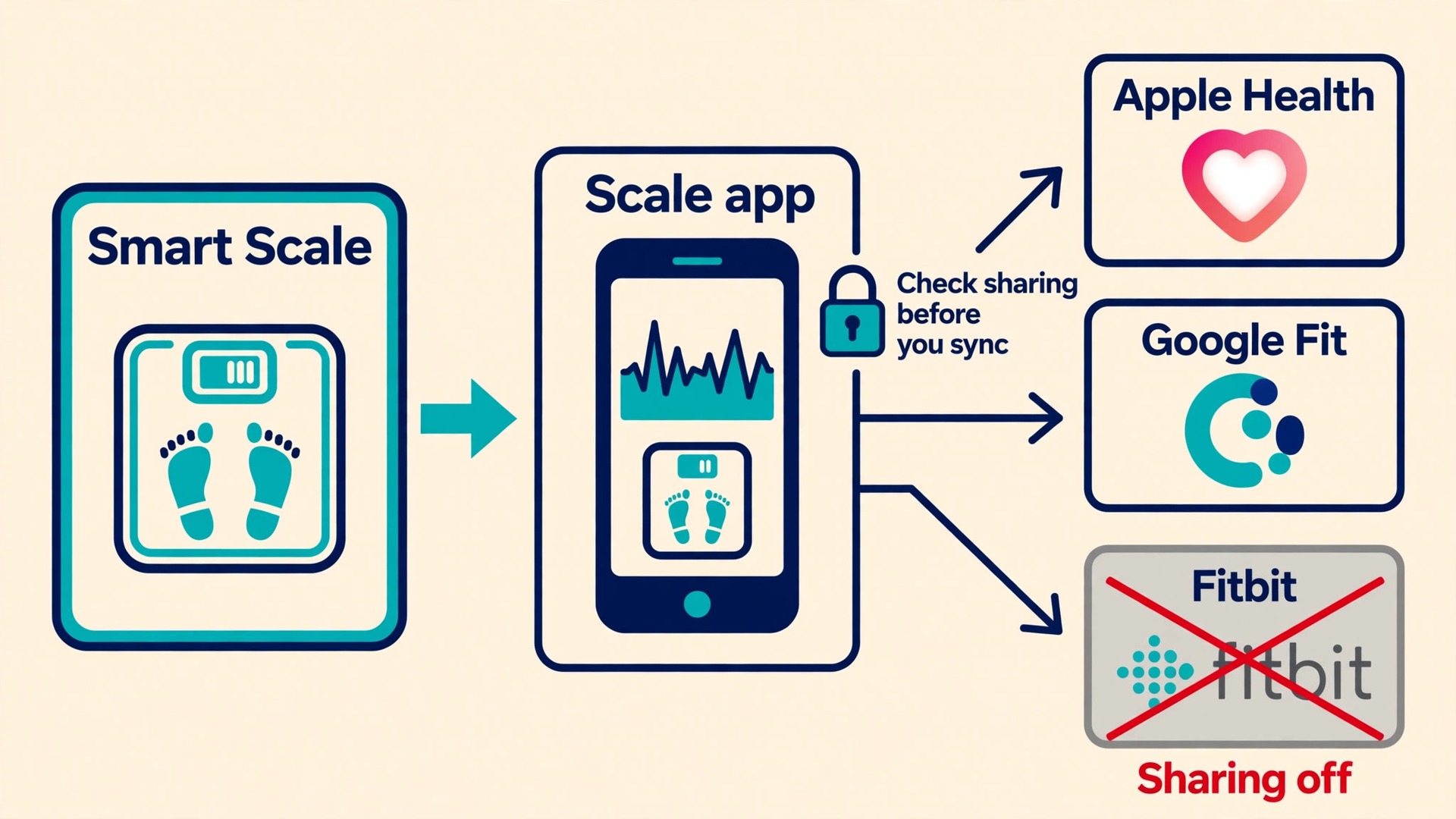Mapping diagram of smart scale data flowing to phone app and health platforms