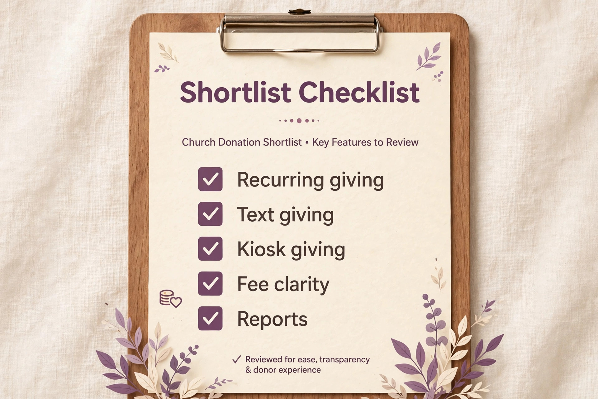 checklist visual for the church donation shortlist.