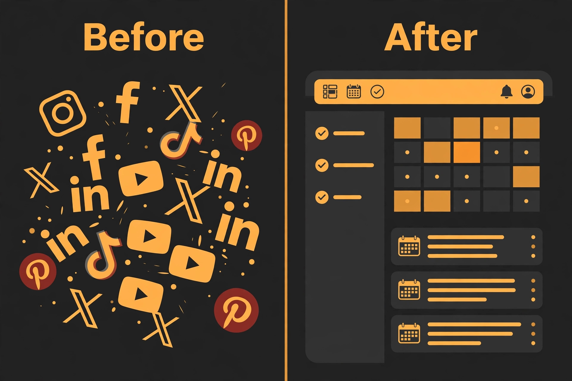 Before and after visual of scattered social accounts becoming a managed Hootsuite workspace.