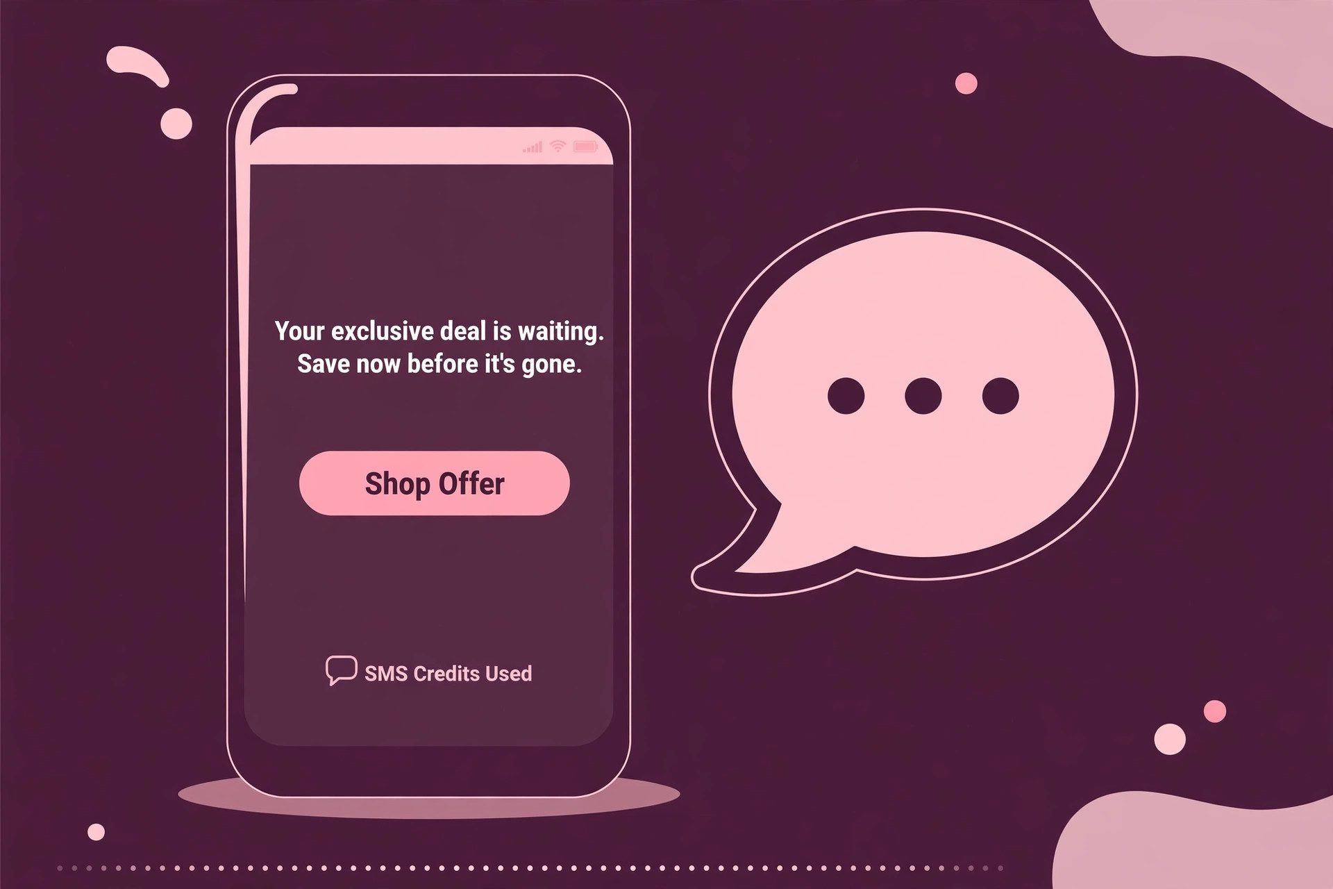 A Klaviyo SMS offer with credit usage shown.